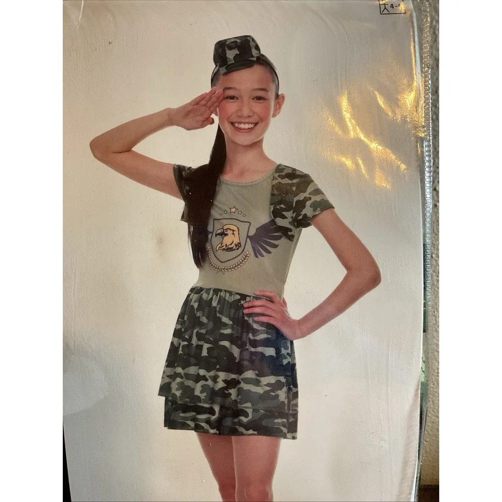 New Girls Camo Army Cadet Camouflage‎ Halloween Costume Hat & Dress Small 4-6